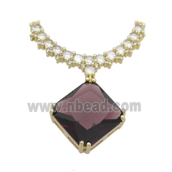 Copper Pendant Pave Purple Crystal Glass Square 2loops Gold Plated
