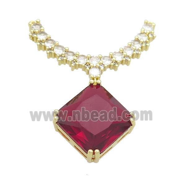 Copper Pendant Pave Red Crystal Glass Square 2loops Gold Plated