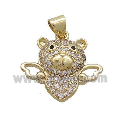Copper Bear Pendant Pave Zircon Angel Wings Gold Plated