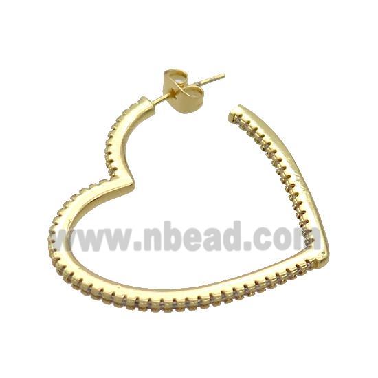 Copper Stud Earrings Pave Zircon Heart Gold Plated