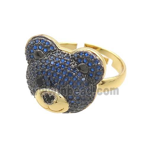 Copper Bear Rings Pave Blue Zircon Adjustable Gold Plated