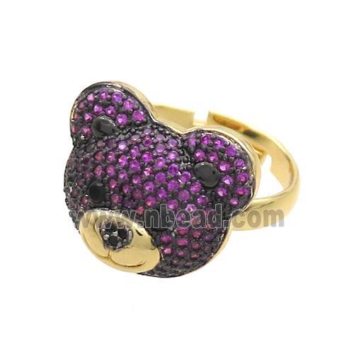 Copper Bear Rings Pave Fuchsia Zircon Adjustable Gold Plated