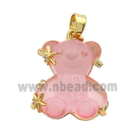 Pink Resin Bear Pendant Copper Gold Plated