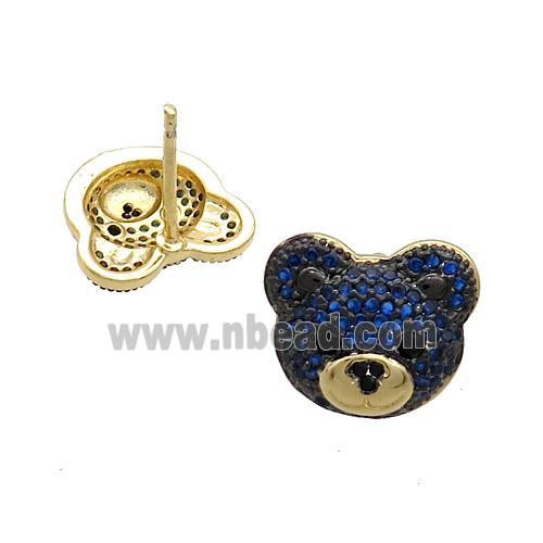 Copper Bear Stud Earrings Pave Blue Zircon Gold Plated