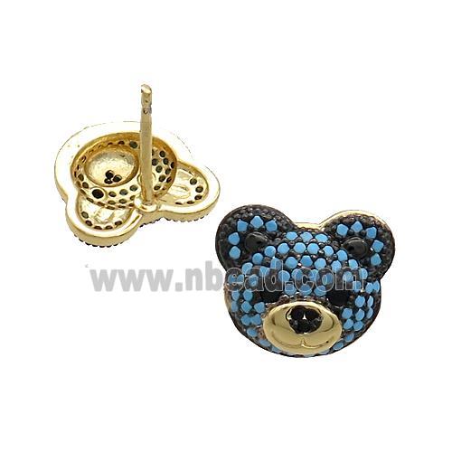 Copper Bear Stud Earrings Pave Turqblue Zircon Gold Plated