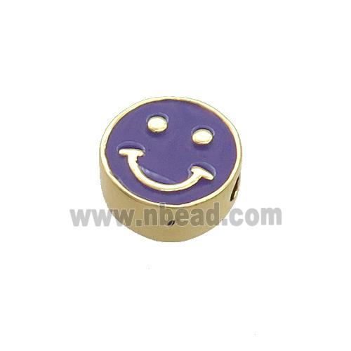 Copper Emoji Beads Purple Enamel Happy Face Gold Plated