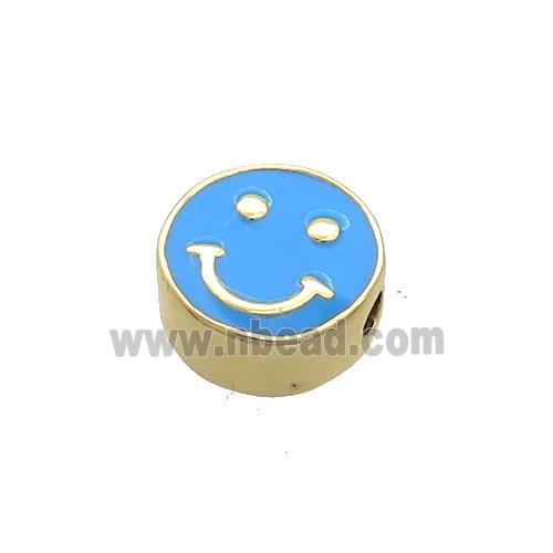 Copper Emoji Beads Blue Enamel Happy Face Gold Plated