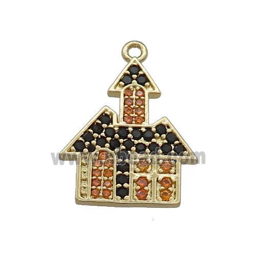 Copper Pendant Pave Black Orange Zircon Haunted House Halloween Charms Gold Plated