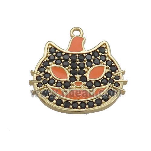 Copper Halloween Cat Charms Pendant Pave Black Zircon Orange Enamel Gold Plated
