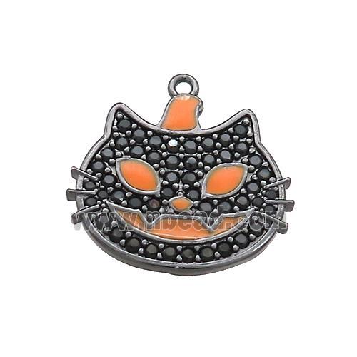 Copper Halloween Cat Charms Pendant Pave Zircon Orange Enamel Black Plated