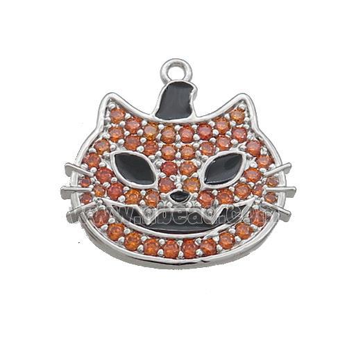 Copper Halloween Cat Charms Pendant Pave Zircon Black Enamel Platinum Plated