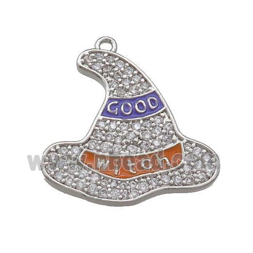 Copper Witch Hat Pendant Pave Zircon Enamel Halloween Charms Platinum Plated