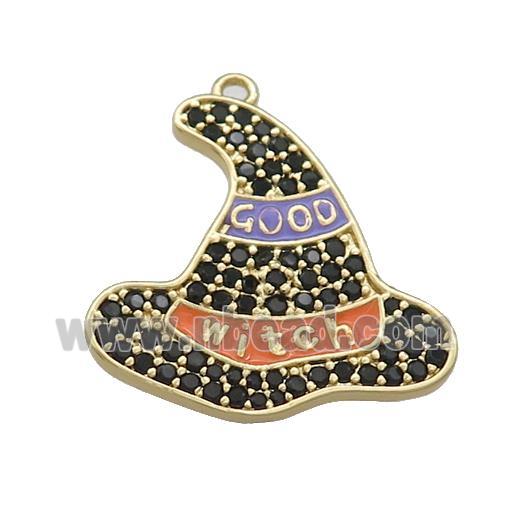 Copper Witch Hat Pendant Pave Black Zircon Enamel Halloween Charms Gold Plated