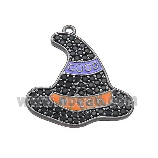 Copper Witch Hat Pendant Pave Black Zircon Enamel Halloween Charms Black Plated