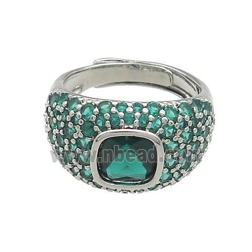 Copper Rings Pave Green Zircon Adjustable Platinum Plated