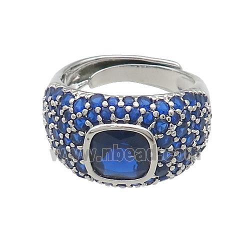Copper Rings Pave Blue Zircon Adjustable Platinum Plated