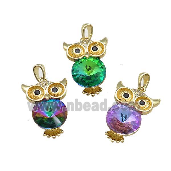 Copper Owl Charms Pendant Pave Crystal Glass Birds Gold Plated
