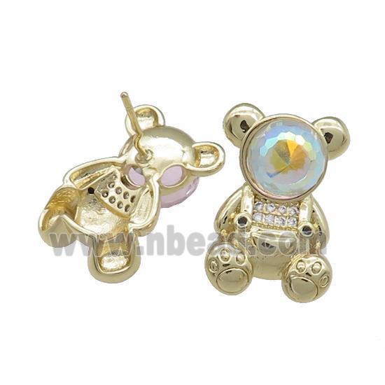 Copper Bear Stud Earrings Pave Zircon Crystal Glass Gold Plated