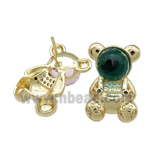 Copper Bear Stud Earrings Pave Zircon Crystal Glass Gold Plated