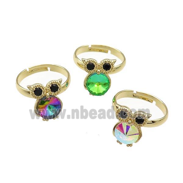 Copper Owl Rings Pave Crystal Glass Zircon Birds Adjustable Gold Plated Mixed