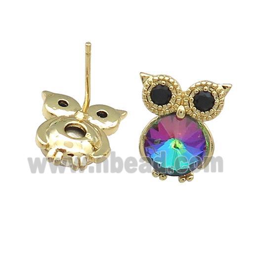 Copper Owl Stud Earrings Pave Crystal Glass Zircon Gold Plated