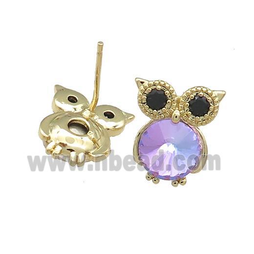 Copper Owl Stud Earrings Pave Crystal Glass Zircon Gold Plated