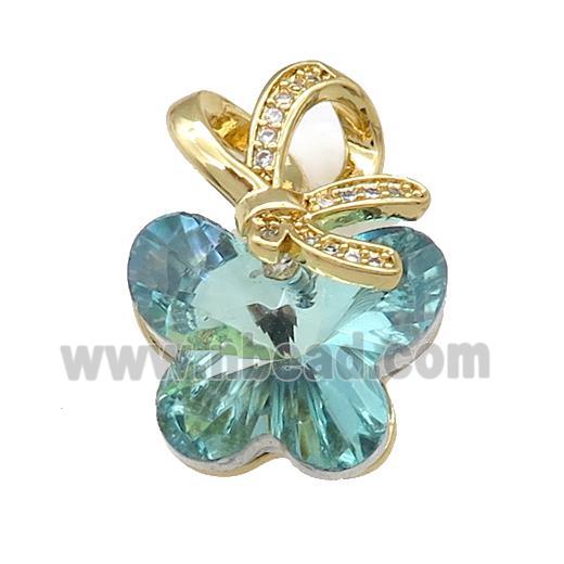 Aqua Crystal Glass Butterfly Pendant Copper Pave Zircon Gold Plated