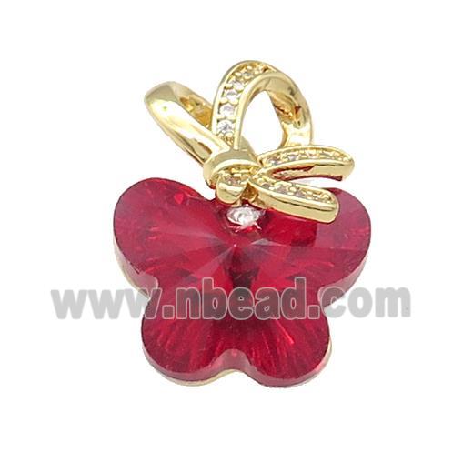 Red Crystal Glass Butterfly Pendant Copper Pave Zircon Gold Plated