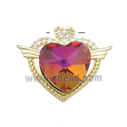 Copper Heart Pendant Pave Crystal Glass Zircon Angel Wings Gold Plated