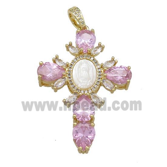 Copper Cross Pendant Pave Pink Zircon Shell Gold Plated