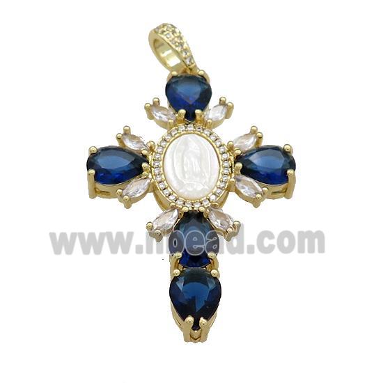 Copper Cross Pendant Pave Blue Zircon Shell Gold Plated