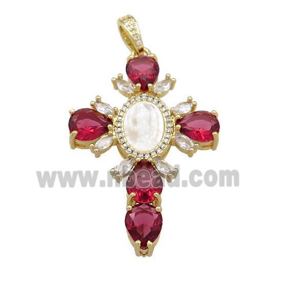 Copper Cross Pendant Pave Red Zircon Shell Gold Plated