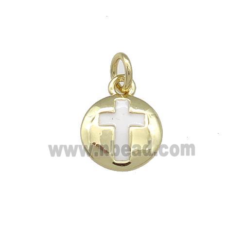 Copper Cross Pendant White Enamel Circle Gold Plated