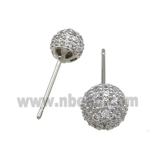 Copper Stud Earrings Pave Zircon Ball Platinum Plated