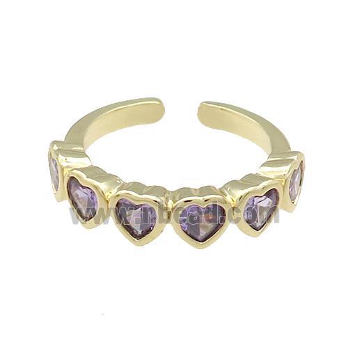 Copper Heart Rings Pave Purple Zircon Gold Plated