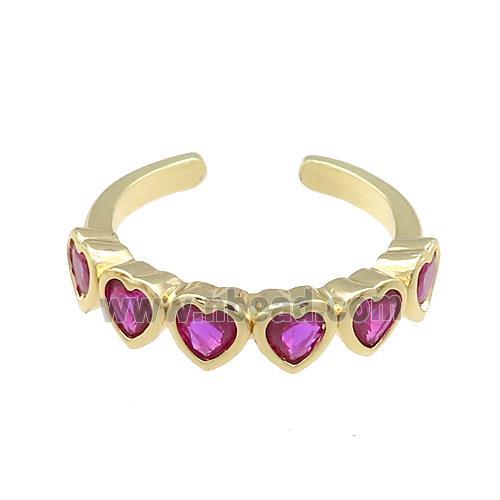 Copper Heart Rings Pave Fuchsia Zircon Gold Plated