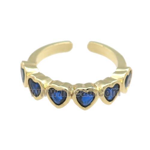 Copper Heart Rings Pave Blue Zircon Gold Plated