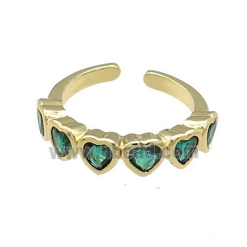 Copper Heart Rings Pave Green Zircon Gold Plated
