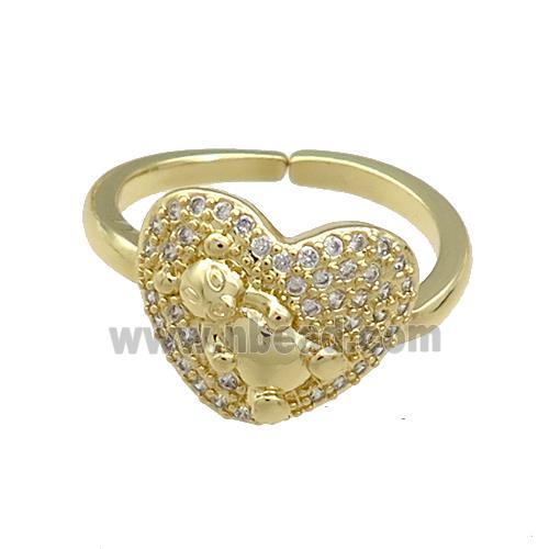 Copper Heart Rings Pave Zircon Bear Gold Plated