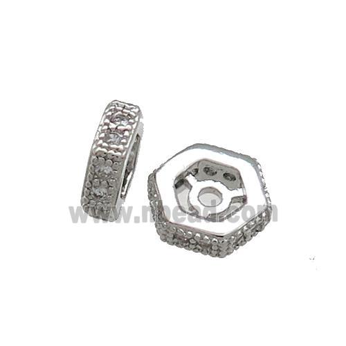 Copper Hexagon Beads Pave Zircon Platinum Plated