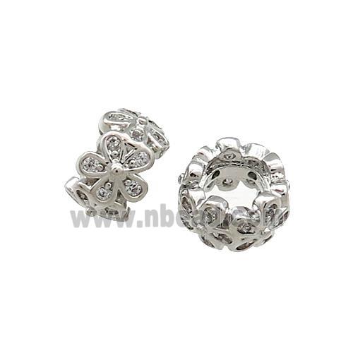 Copper Rondelle Beads Pave Zircon Flower Large Hole Platinum Plated