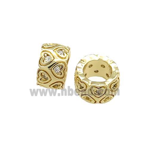 Copper Rondelle Beads Pave Zircon Heart Large Hole Gold Plated