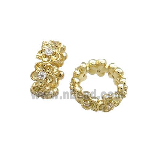 Copper Rondelle Beads Pave Zircon Flower Large Hole Gold Plated