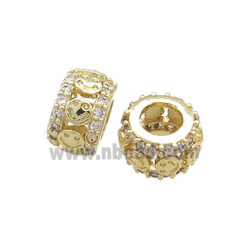 Copper Rondelle Beads Pave Zircon Emoji Large Hole Gold Plated