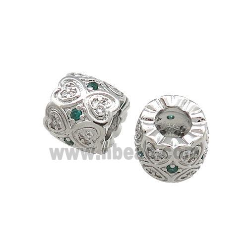 Copper Tube Beads Pave Zircon Heart Large Hole Platinum Plated