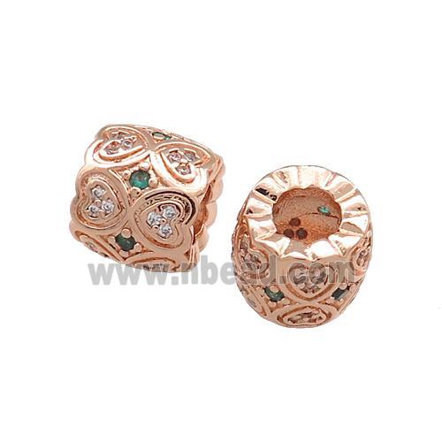 Copper Tube Beads Pave Zircon Heart Large Hole Rose Gold