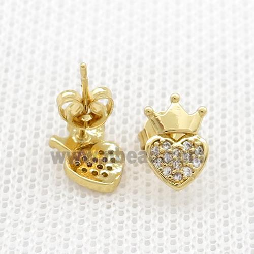 Copper Stud Earrings Pave Zircon Crown Gold Plated