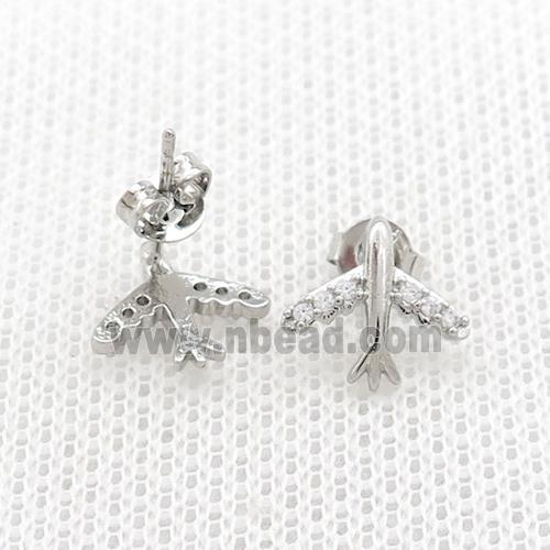Copper Stud Earrings Pave Zircon Airplane Platinum Plated