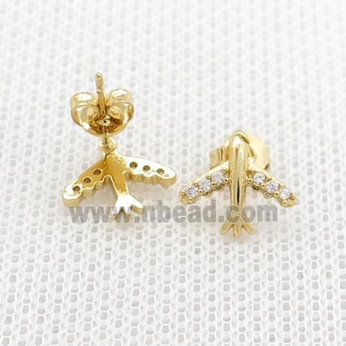 Copper Stud Earrings Pave Zircon Airplane Gold Plated