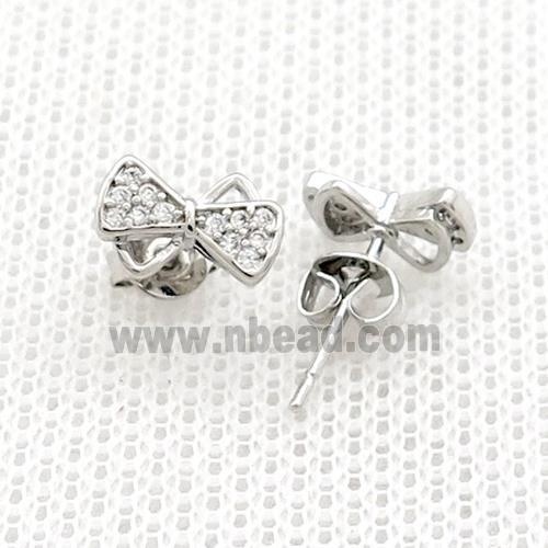 Copper Stud Earrings Pave Zircon Bowknot Platinum Plated
